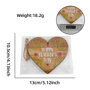 Detailed view of heart-shaped wooden teacher gift sign with dimensions and weight info