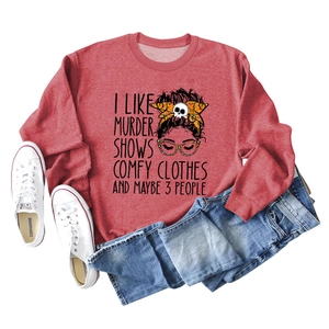 Red long-sleeve crewneck sweatshirt with 'I Like Murder Shows' text and female graphic