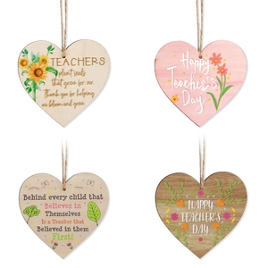 Set of four heart-shaped wooden plaques with floral prints and Happy Teacher's Day text