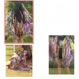 Detailed outdoor view of a colorful rainbow tinsel fringe jacket for festival party wear