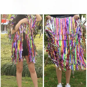 Detailed macro view of vibrant rainbow gradient tinsel fringe jacket for party wear