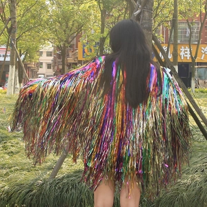 Detailed back view of rainbow metallic fringe jacket for festival and party outfits