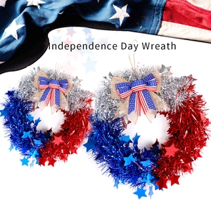 Independence Day Wreath Red Silver Blue Tinsel Patriotic Star Wreath With Burlap Stars And Stripes Bow July 4th Door Hanging Decoration