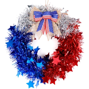 Patriotic Independence Day wreath with red blue silver tinsel stars and burlap bow
