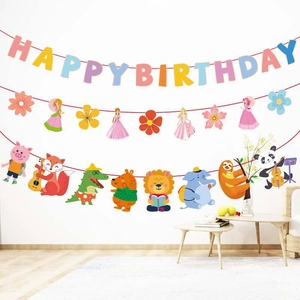 Pastel Happy Birthday banner set with cute princess and cartoon animal party decorations