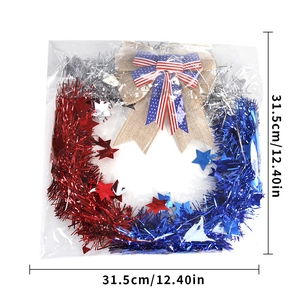 Detail of red blue and silver patriotic star wreath with burlap bow and 31.5cm sizing