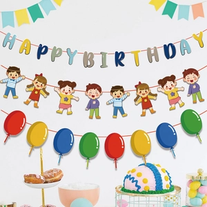 Happy Birthday party banner set with cartoon animals and colorful balloon cards
