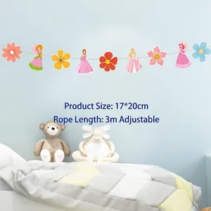 Princess and floral happy birthday banner for children's room decoration with 3m string