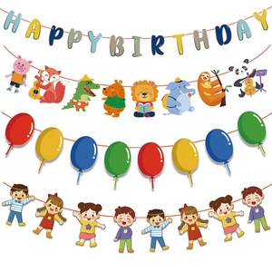 Happy Birthday banner set with cartoon animals, colorful balloons, and children party decor