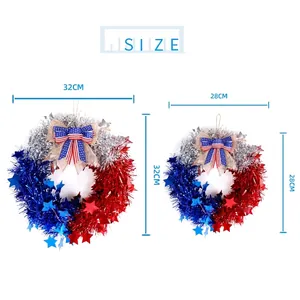 Patriotic 4th of July wreath with red blue silver stars and bow in 32cm and 28cm sizes