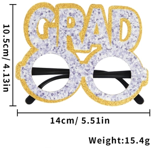 Detailed dimensions of GRAD glasses with purple floral pattern and gold glitter