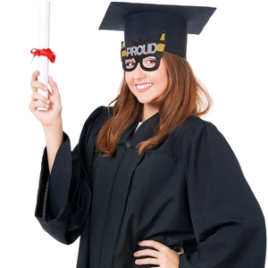 2026 graduation party glasses with gold glitter and proud lettering for photo props