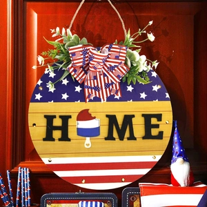 USA Independence Day Patriotic Welcome Home Door Sign Wooden LED Luminous Wall Decor With Bow Artificial Greenery Porch
