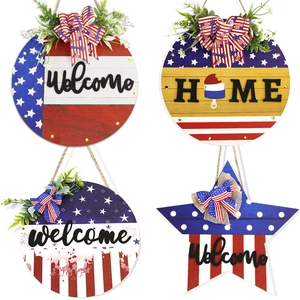 Patriotic July 4th American flag style wooden door signs with Welcome and Home text