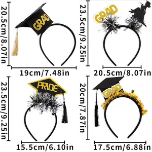 Size chart for graduation headbands with tassels and letters, including detailed measurements