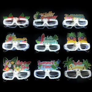 Set of 9 LED light-up Hawaiian party glasses with flamingo and pineapple tropical designs