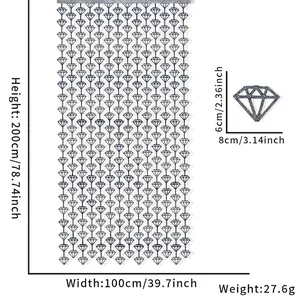 Detail view of 2m silver laser diamond fringe curtain with height and width dimensions