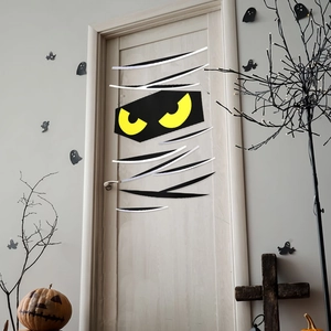 Halloween mummy door sticker set with spooky monster eyes and bandage decals for party decor