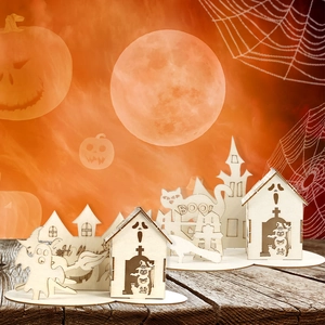 Halloween DIY wooden 3D haunted house set with ghosts, witches and pumpkins on table