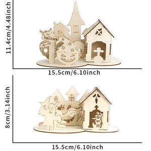 Detail of DIY laser-cut wooden Halloween house ornaments with ghost and pumpkin motifs