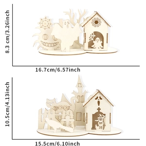 Detailed laser-cut wooden Halloween desktop ornaments featuring ghost, pumpkin and BOO! house