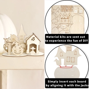 DIY Halloween wooden puzzle cottage with ghost, pumpkin, and castle tabletop decorations