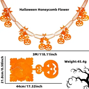 Detail showing 3-meter Halloween honeycomb pumpkin garland dimensions and orange decorations