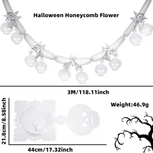 Detail of 3M Halloween honeycomb garland with skull charm and measurement specifications