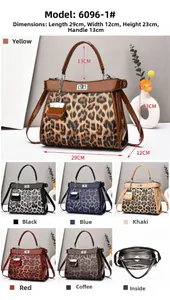 Detailed view of the leopard print faux leather handbag dimensions and six color options