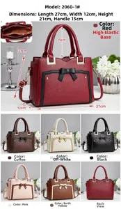 Detailed views of multi-color minimalist tote bags with dimensions and ribbon decoration