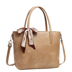 Elegant khaki tote bag with silk scarf decoration and detachable shoulder strap