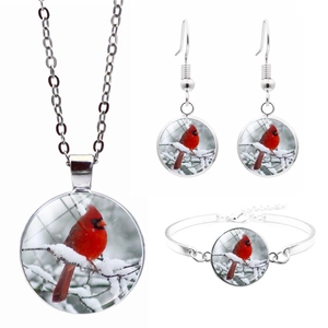 Northern Cardinal Bird Jewelry Necklace Bracelet Earrings Alloy Glass Cabochon Winter Snow Branch Pattern Vintage Fashion For Women