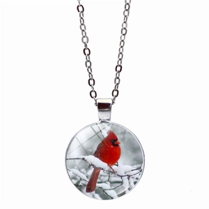 Winter northern cardinal bird necklace with glass gem pendant and silver chain jewelry set