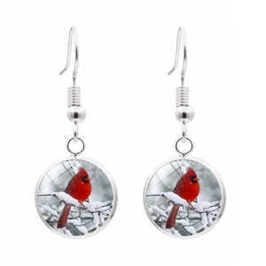 Minimalist cardinal bird pendant earrings with silver hook and snow branch art glass dome