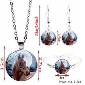 Silver horse jewelry set with glass gem pendant necklace, bracelet and earrings