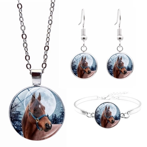 Retro Brown Horse Winter Moon Glass Cabochon Alloy Necklace Bracelet And Earrings Jewelry For Women Nature Style