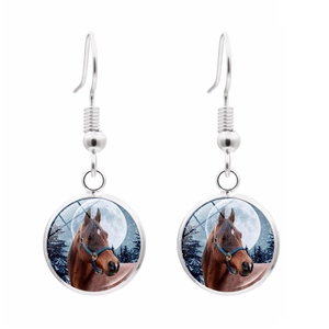 Silver horse jewelry set featuring glass dome earrings with horse and forest design