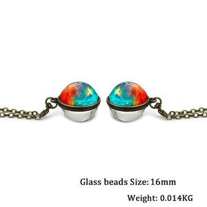 Handmade galaxy glass ball pendant necklace with bronze base and 16mm nebula bead charm