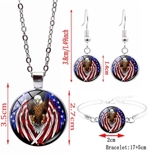 Eagle and US flag jewelry set including pendant necklace, earrings, and bracelet