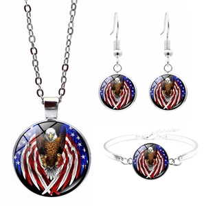 Patriotic American Flag Bald Eagle Jewelry Necklace Bracelet Hook Earrings Alloy Glass Cabochon Fashion Novelty
