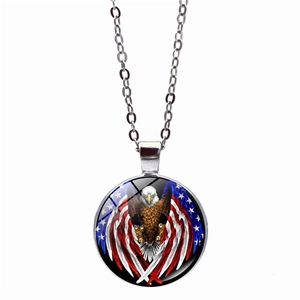 American eagle and flag glass pendant necklace with silver chain on white background