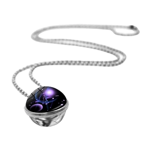 Zodiac Libra double-sided glass ball pendant necklace with silver chain on white background