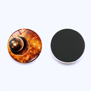 Detail of 25mm planetary glass fridge magnet showing the orange Mars galaxy print and magnetic back