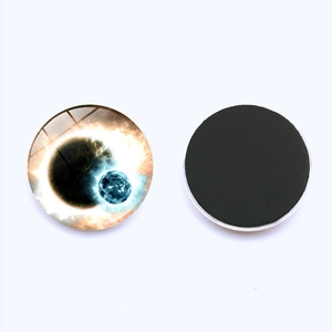 Detailed dual-view of 25mm galaxy glass fridge magnet showing front art and back magnet
