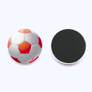 Detailed view of 25mm red and white soccer glass magnet showing both front and magnetic back
