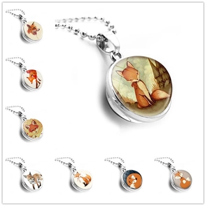 Fox Pendant Necklace Artistic Glass Gem Double Sided Cartoon Illustration Ball Chain Jewelry For Women Men