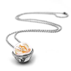 Silver bead chain necklace with double-sided glass pendant featuring cartoon foxes