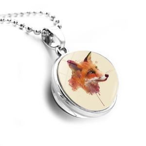 Detailed view of silver fox pendant necklace with artistic watercolor glass ball charm