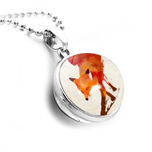 Detail view of fox watercolor glass dome pendant with silver-tone metal ball chain necklace