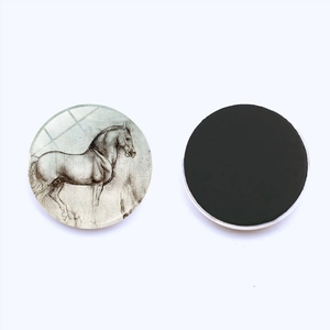 Front and back view of 25mm glass fridge magnets with artistic horse sketch designs